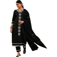 Libas Womens Embroidered Cotton Straight Kurta With Trousers And Dupatta
