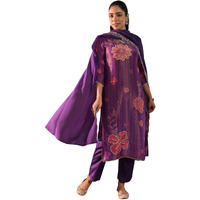 Libas Womens Printed Silk Blend Straight Kurta With Trousers And Dupatta