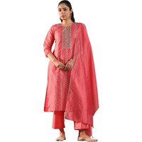 Libas Women's Chanderi Silk Embroidered Kurta Set (49432 Coral