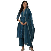 Libas Womens Woven Design Silk Blend Straight Kurta With Trousers And Dupatta