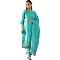 Libas Womens Embroidered Silk Blend Straight Kurta With Trousers And Dupatta Turquoise Blue