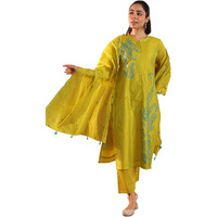 Libas Womens Embroidered Silk Blend Straight Kurta With Trousers And Dupatta