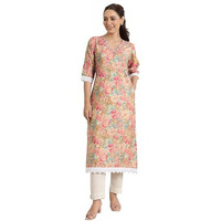 Libas Women's Silk Blend Floral Printed Straight Kurta (29425O_Pink_L)