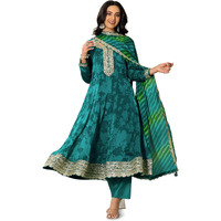 Rama Green Floral Printed Anarkali Kurta With Embellishment & Printed Trouser With Leheriya Dupatta