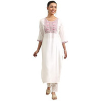 Libas Women's Viscose Rayon Floral Straight Kurta (29454O Off White