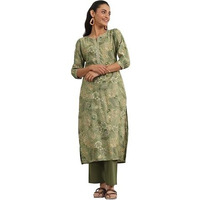 Libas Women's Silk Blend Printed Straight Kurta (29477O_Green_Xxl)