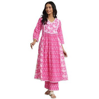 Libas Pink Floral Printed Panelled A-Line Kurta With Printed Palazzo
