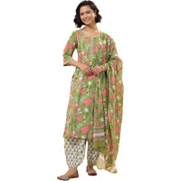 Libas Women's Pure Cotton Floral Kurta Sets (400156O_Green_M)