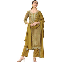 Libas Women's Silk Blend Kurta Sets (99450_Olive_M)