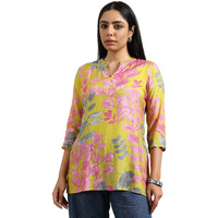 Libas Women's Silk Blend Printed Regular Tunic Shirt (98198 Yellow