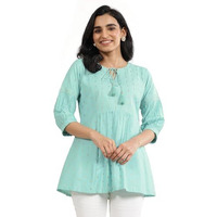 Libas Women's Silk Blend Self Design A-Line Kurti (29653_Blue_L)