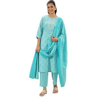 Libas Women's Cotton Blend Printed Kurta Sets (99693_Turquoise Blue_S)