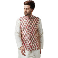 Sojanya (Since 1958, Men's Silk Blend Maroon Printed Only Nehru Jacket, Size: M