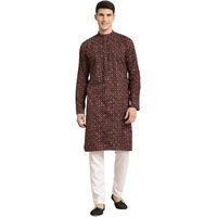 Sojanya (Since 1958 Men's Cotton Black & Peach Print Kurta & White Churidar Pyjama Set