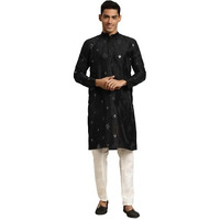 Sojanya (Since 1958 Men's Silk Blend Mirror Work Black Kurta & White Churidar Pyjama Set