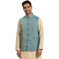 Sojanya (Since 1958, Men's Jacquard Silk Peacock Blue Self Design Only Nehrujacket, Size: 38