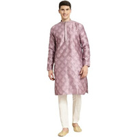 Sojanya (Since 1958 Men's Jacquard Silk Purple & Self Design Kurta & Off White Churidar Pyjama Set