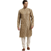 Sojanya (Since 1958 Men's Jacquard Silk Beige & Gold Kurta Size 44
