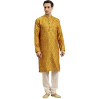 Sojanya (Since 1958 Men's Jacquard Silk Mustard & Gold Kurta & Off-White Churidar Pyjama Set Size 40