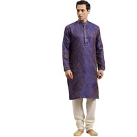 Sojanya (Since 1958 Men's Jacquard Silk Blue & Gold Kurta, Size: 42