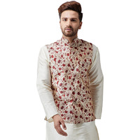 Sojanya (Since 1958, Men's Silk Blend Red Printed Only Nehru Jacket, Size: Xl
