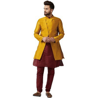 Sojanya (Since 1958 Men's Silk Blend Maroon Kurta Churidaar Pyjama & Mustrad Jacket Combo Size 40
