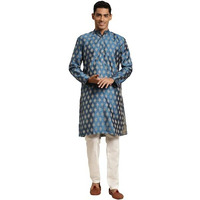Sojanya (Since 1958 Men's Silk Blend Peacock Blue & Gold Booti Jacquard Only Long Kurta