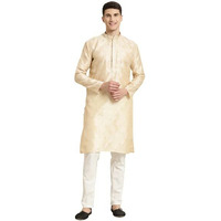 Sojanya (Since 1958 Men's Jacquard Silk Cream & Self Design Kurta & Off White Churidar Pyjama Set