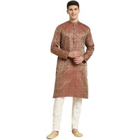 Sojanya (Since 1958 Men's Jacquard Silk Maroon Self Design Kurta & Off White Churidar Pyjama Set