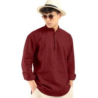 Royalscout Men's Cotton Polyester Blend Solid Regular Fit Full Sleeve Short Kurta Maroon