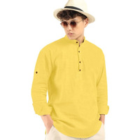 Royalscout Men's Cotton Polyester Blend Solid Regular Fit Full Sleeve Short Kurta Yellow