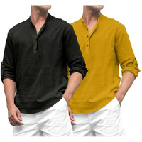 Royalscout Combo Of Men's Solid Cotton Blend Full Sleeve Straight Kurta Shirt (Pack Of 2) Black-Gold