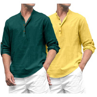 Royalscout Combo Of Men's Solid Cotton Blend Full Sleeve Straight Kurta Shirt (Pack Of 2) Green-Yellow