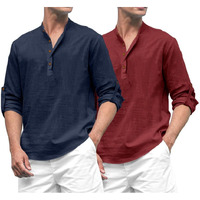 Royalscout Combo Of Men's Solid Cotton Blend Full Sleeve Straight Kurta Shirt (Pack Of 2) Navy-Maroon