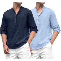 Royalscout Combo Of Men's Solid Cotton Blend Full Sleeve Straight Kurta Shirt (Pack Of 2) Navy-Sky