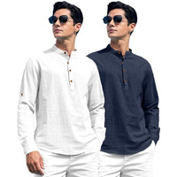 Royalscout Combo Of Men's Solid Cotton Blend Full Sleeve Straight Kurta Shirt (Pack Of 2) White-Navy