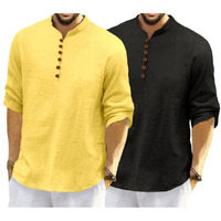 Royalscout Men's Cotton Polyester Blend Solid Regular Fit Full Sleeve Short Kurta | Ethnic, Lightweight Summer Kurta For Daily & Occasion Use Yellow-Black
