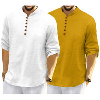 Royalscout Men's Cotton Polyester Blend Solid Regular Fit Full Sleeve Short Kurta | Ethnic, Lightweight Summer Kurta For Daily & Occasion Use White-Gold