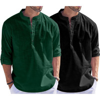 Bellstone Men's Cotton Blend Solid Regular Fit Dress Shirt (Kurta1500_Combo_D Green & Black_L_Dark