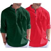 Bellstone Men's Cotton Blend Solid Regular Fit Dress Shirt (Kurta1500_Combo_D Green & Red_L_Dark