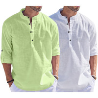 Bellstone Men's Cotton Blend Solid Regular Dress Shirt (Kurta1500_Combo_L Green & White_Xl_Light