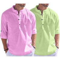 Bellstone Men's Cotton Blend Solid Regular Dress Shirt (Kurta1500_Combo_L Pink & L Green_L Light