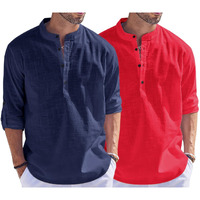 Bellstone Men's Cotton Blend Solid Regular Fit Dress Shirt (Kurta1500_Combo_Navy & Red_M