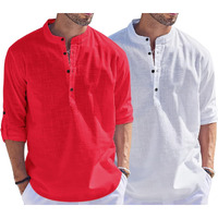 Bellstone Men's Cotton Blend Solid Regular Dress Shirt (Kurta1500_Combo_Red & White_L