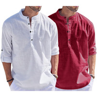 Bellstone Men's Cotton Blend Solid Regular Dress Shirt (Kurta1500_Combo_White & Burgundy_M