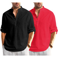 Bellstone Men's Cotton Blend Solid Regular Dress Shirt (Kurta1600_Combo_Black & Red_M
