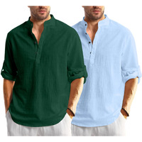 Bellstone Men's Cotton Blend Solid Regular Dress Shirt (Kurta1600_Combo_Dark Green & Sky_L