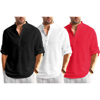Bellstone Men's Cotton Blend Solid Regular Dress Shirt (Kurta1600_Triple_Black-White-Red_Xl