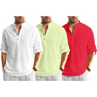 Bellstone Men's Cotton Blend Solid Regular Dress Shirt (Kurta1600_Triple_White-Lyellow-Red_M Lightyellow