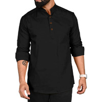 Royalscout Men's Cotton Polyester Blend Solid Regular Fit Full Sleeve Short Kurta Black